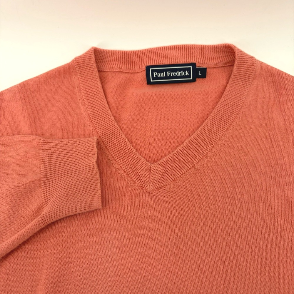 Paul Fredrick Mens Salmon Pink V Neck Sweater Pima‎ Cotton Size L